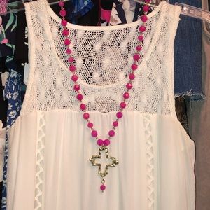 Cross long boho necklace pink & gold NEW